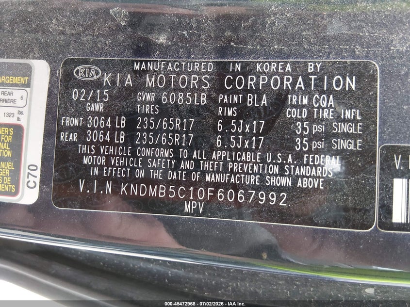 2015 Kia Sedona Lx VIN: KNDMB5C10F6067992 Lot: 45472968