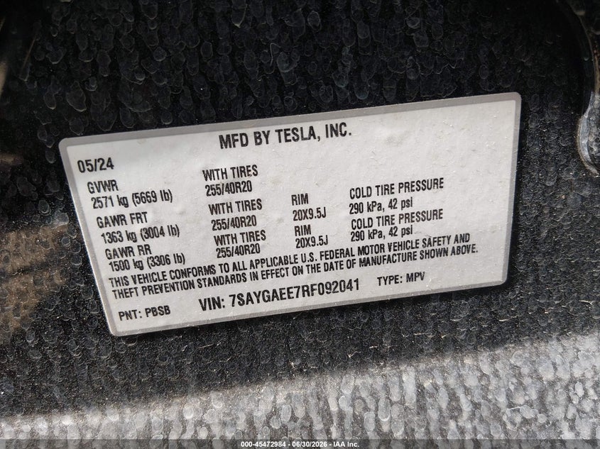 2024 Tesla Model Y Long Range Dual Motor All-Wheel Drive VIN: 7SAYGAEE7RF092041 Lot: 45472984