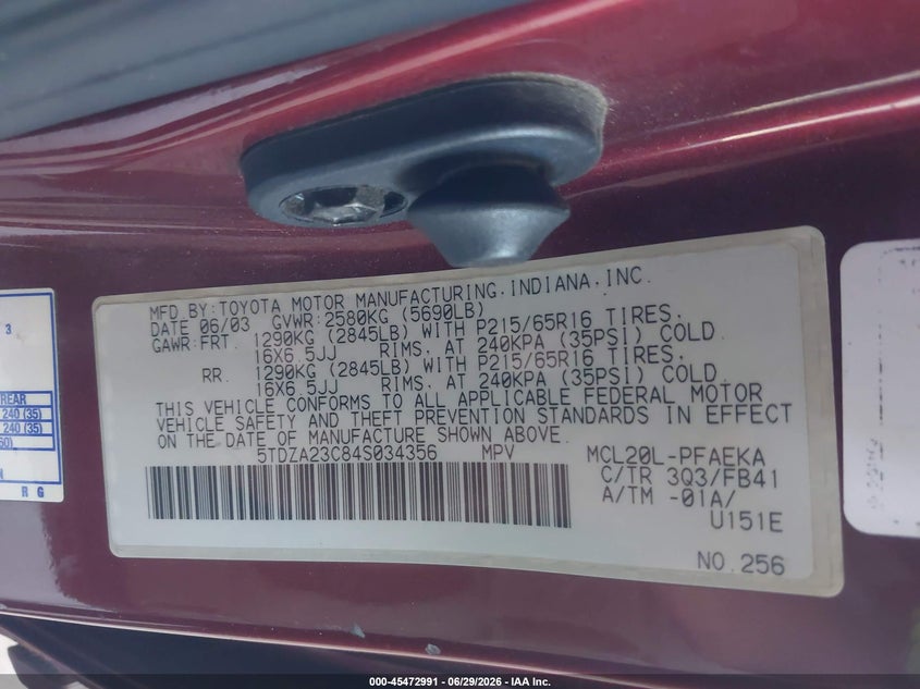 2004 TOYOTA SIENNA VAN 3.3L V-6 DOHC, VVT, 230HP
