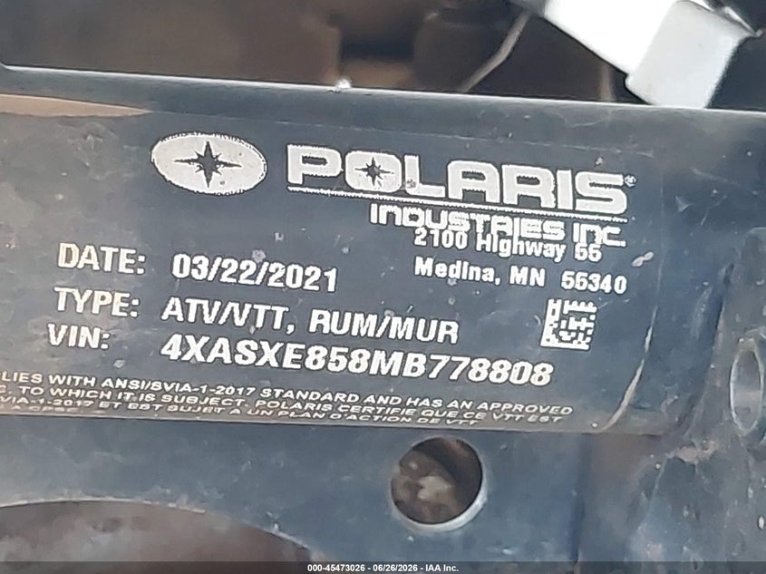 2021 Polaris Sportsman 850 Premium VIN: 4XASXE858MB778808 Lot: 45473026