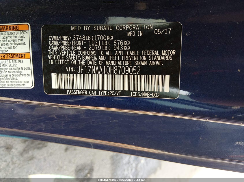2017 Toyota 86 VIN: JF1ZNAA10H8709052 Lot: 45473192