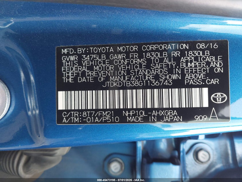 2016 Toyota Prius C Three VIN: JTDKDTB38G1136743 Lot: 45473195
