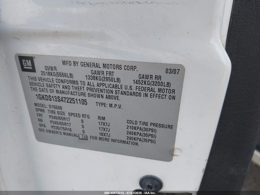 2007 GMC Envoy Sle Commercial VIN: 1GKDS13S472251105 Lot: 45473310