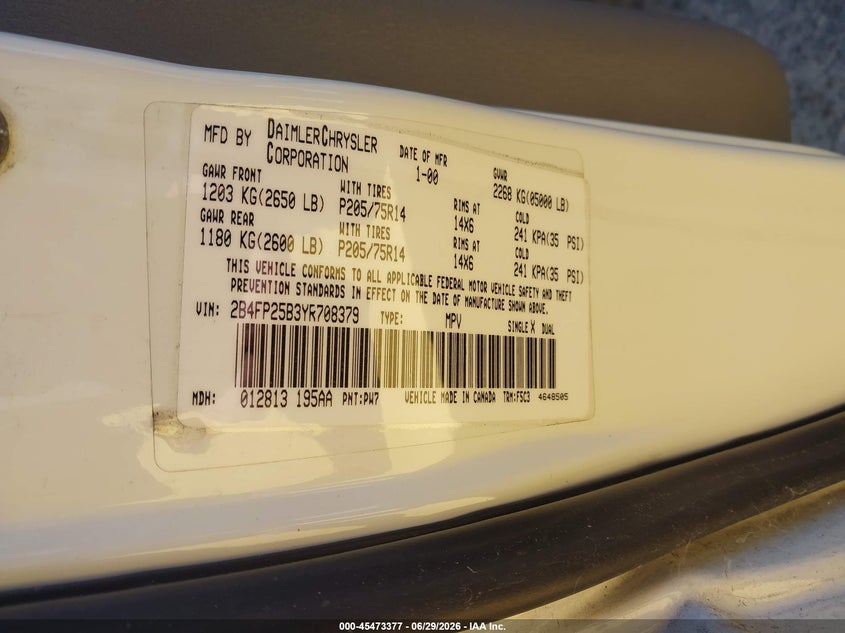 2000 DODGE CARAVAN VAN 2.4L I-4 DOHC, 150HP