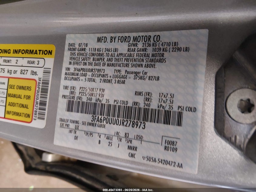 2018 FORD FUSION SEDAN 2.0L I-4 DOHC, VVT, 141HP