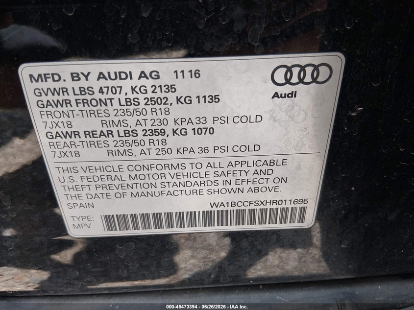 2017 Audi Q3 2.0T Premium VIN: WA1BCCFSXHR011695 Lot: 45473394