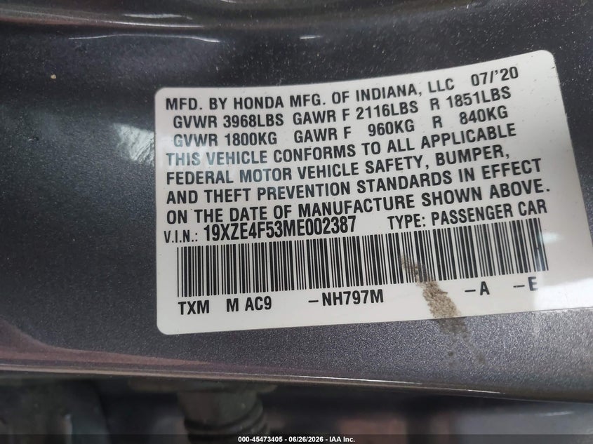 2021 Honda Insight Ex VIN: 19XZE4F53ME002387 Lot: 45473405