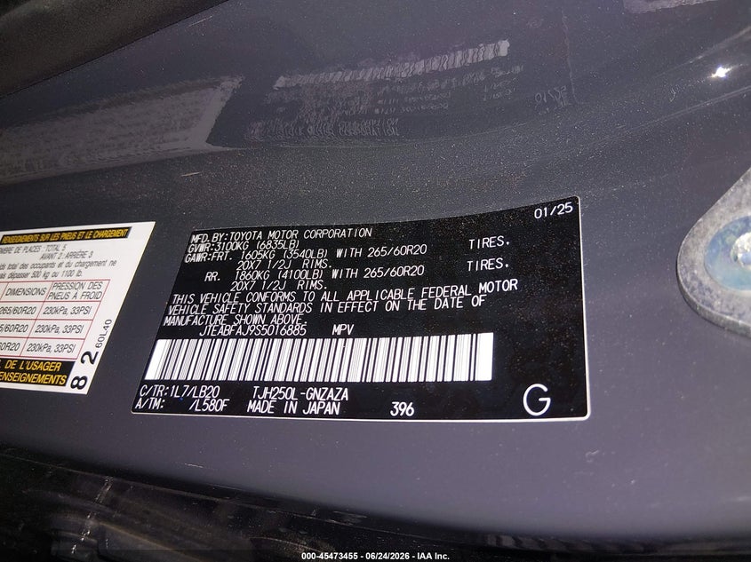 2025 Toyota Land Cruiser VIN: JTEABFAJ9S5016885 Lot: 45473455