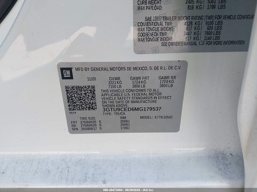 GMC SIERRA 1500 2021 VIN 3GTU9CED6MG179537