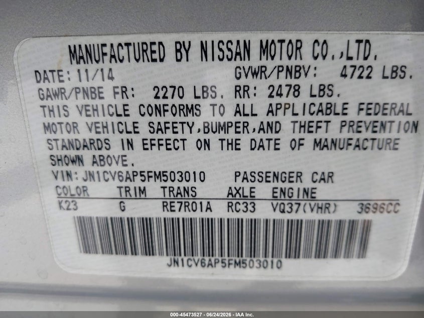 2015 Infiniti Q40 VIN: JN1CV6AP5FM503010 Lot: 45473527