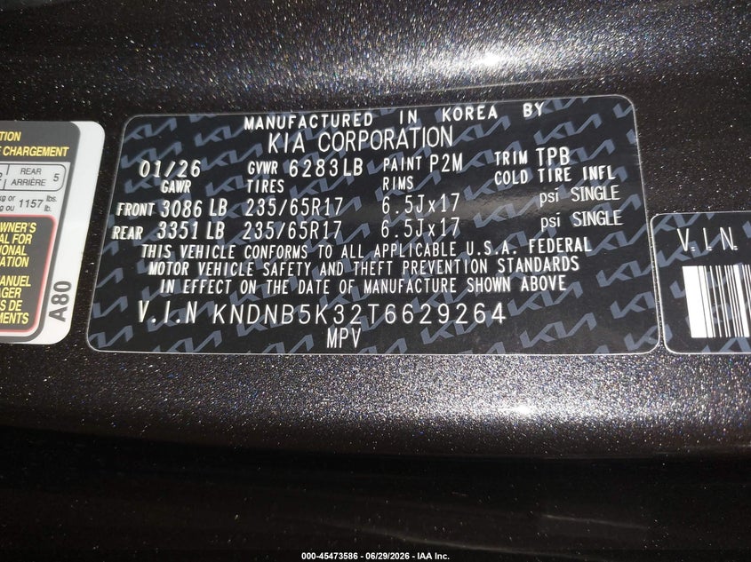 2026 Kia Carnival Mpv Lx VIN: KNDNB5K32T6629264 Lot: 45473586