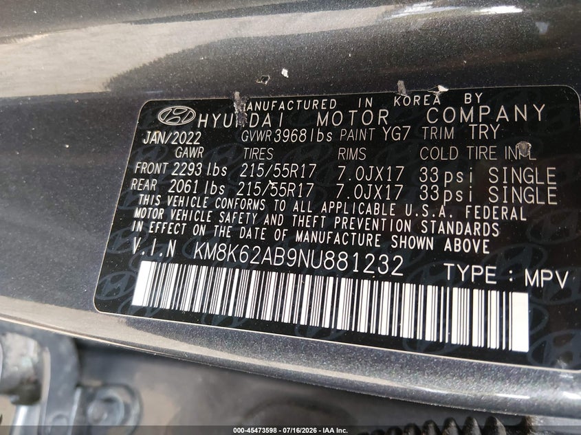 2022 Hyundai Kona Sel VIN: KM8K62AB9NU881232 Lot: 45473598