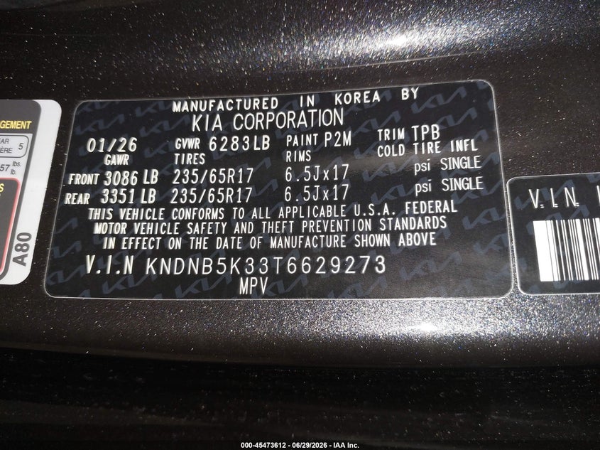2026 Kia Carnival Mpv Lx VIN: KNDNB5K33T6629273 Lot: 45473612
