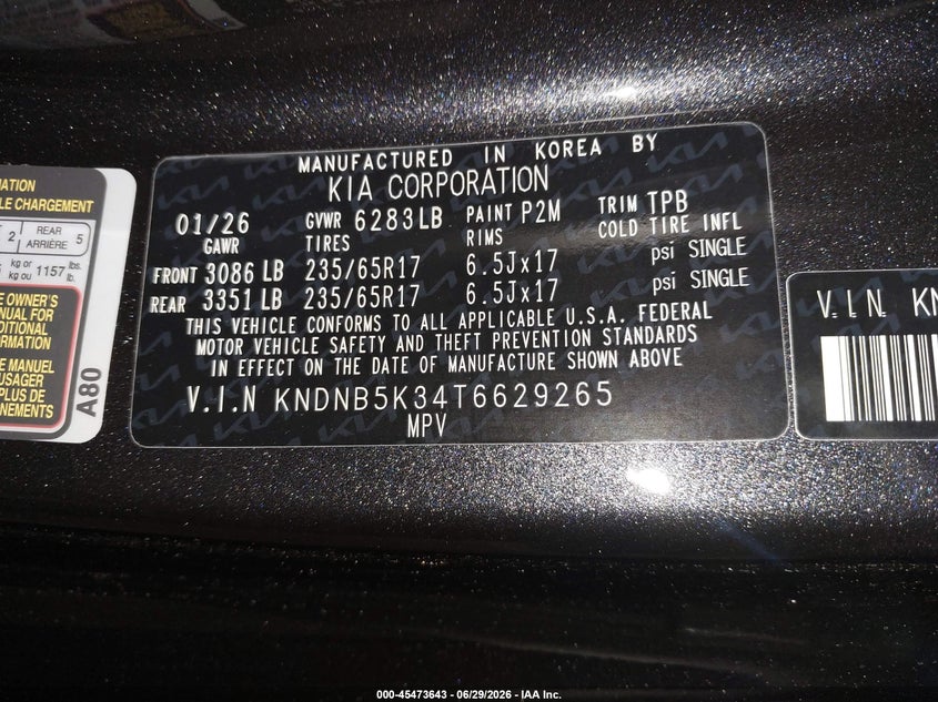 2026 Kia Carnival Mpv Lx VIN: KNDNB5K34T6629265 Lot: 45473643
