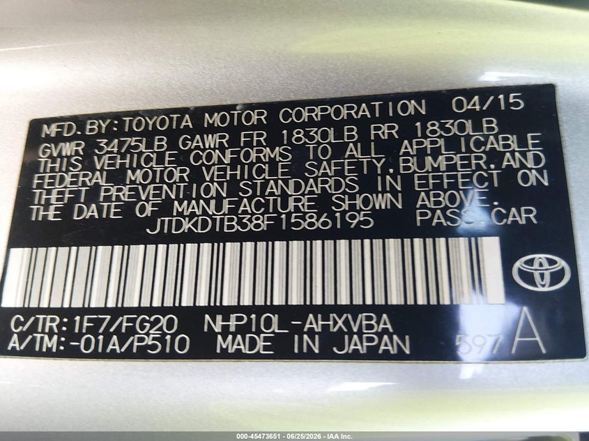 2015 Toyota Prius C Two VIN: JTDKDTB38F1586195 Lot: 45473651