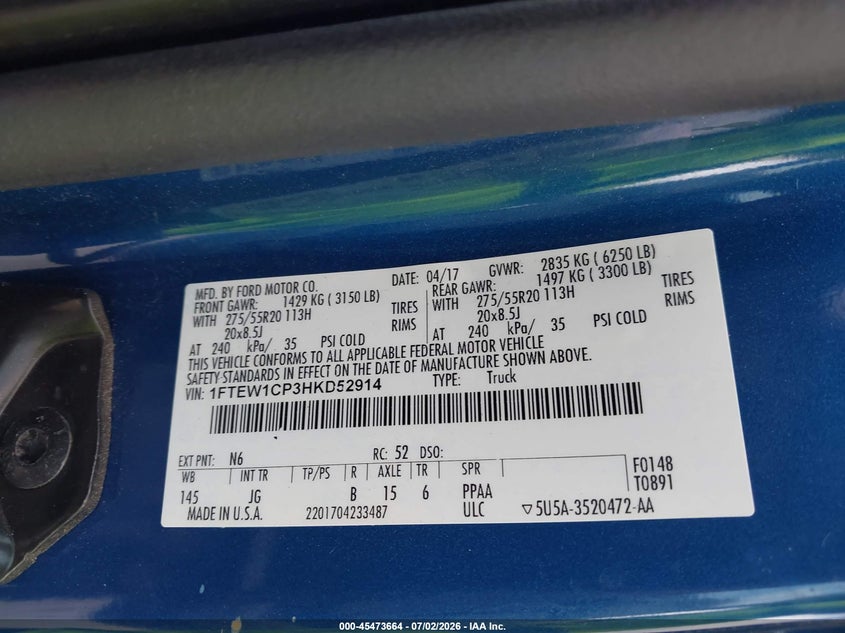 2017 FORD F-150 PICKUP 2.7L V-6 DI, DOHC, VVT, TURBO, 325HP