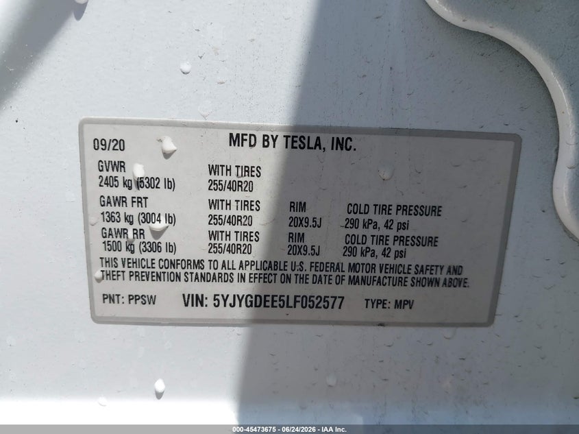 2020 TESLA MODEL Y SPORT UTILITY VEHICLE ELECTRIC
