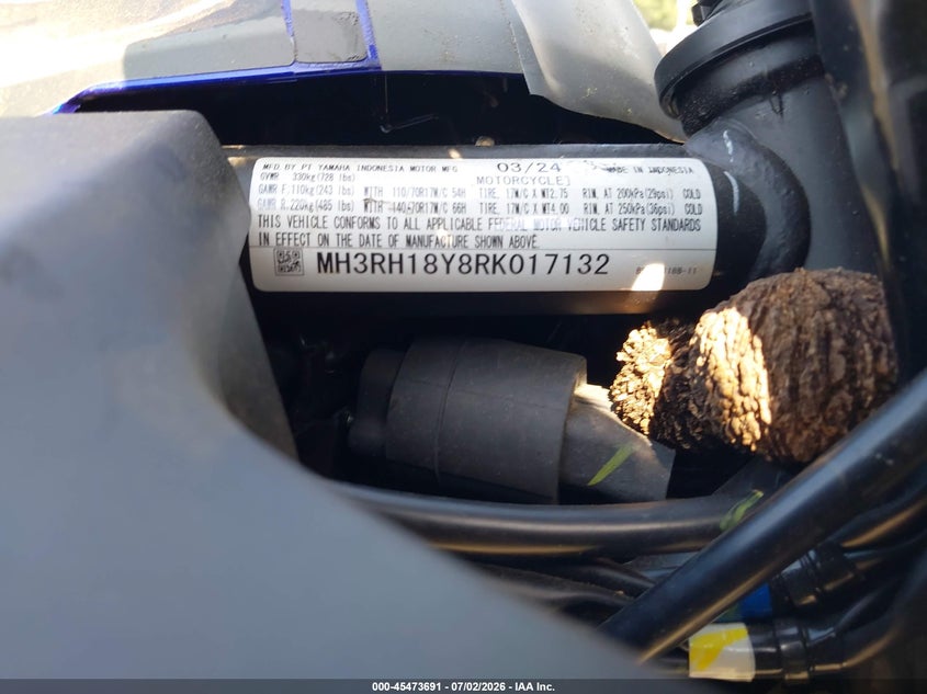 2024 Yamaha Yzfr3 A VIN: MH3RH18Y8RK017132 Lot: 45473691