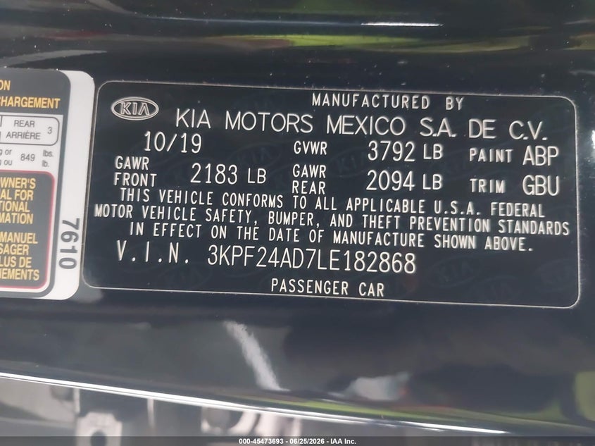 KIA FORTE 2020 VIN 3KPF24AD7LE182868