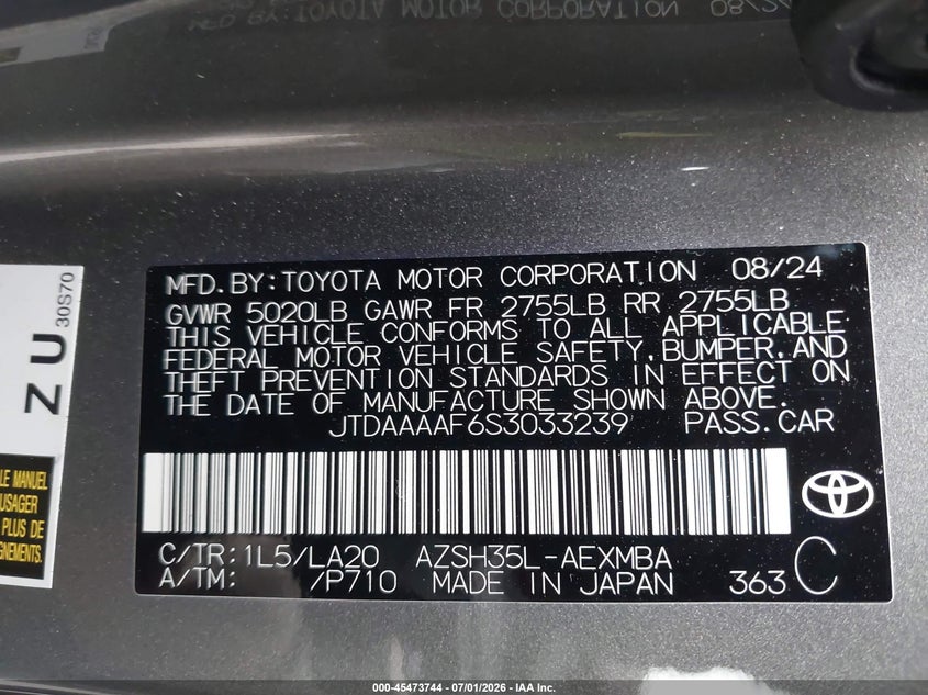 2025 Toyota Crown Xle VIN: JTDAAAAF6S3033239 Lot: 45473744