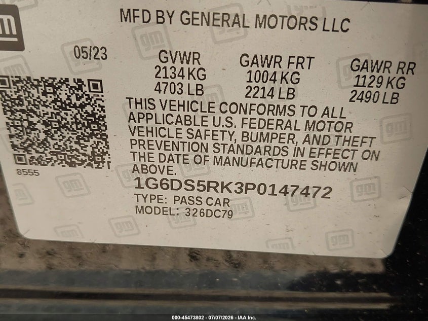 2023 Cadillac Ct5 Premium Luxury VIN: 1G6DS5RK3P0147472 Lot: 45473802