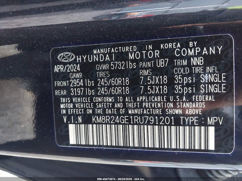 2024 Hyundai Palisade Sel VIN: KM8R24GE1RU791201 Lot: 45473874