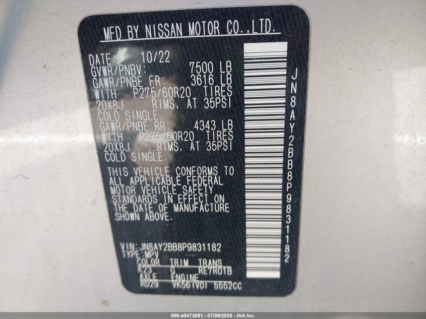 2023 Nissan Armada Sl 4Wd VIN: JN8AY2BB8P9831182 Lot: 45473891