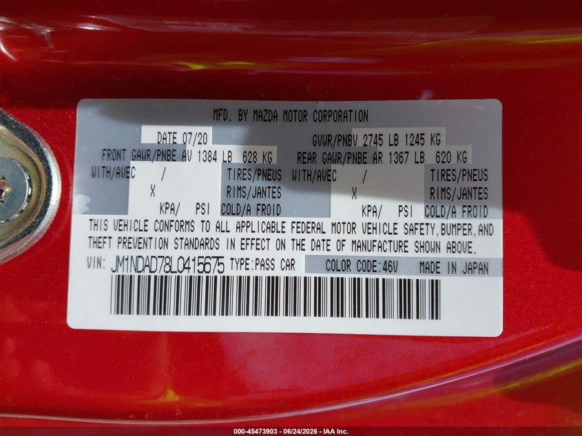 2020 Mazda Mx-5 Miata Grand Touring VIN: JM1NDAD78L0415675 Lot: 45473903