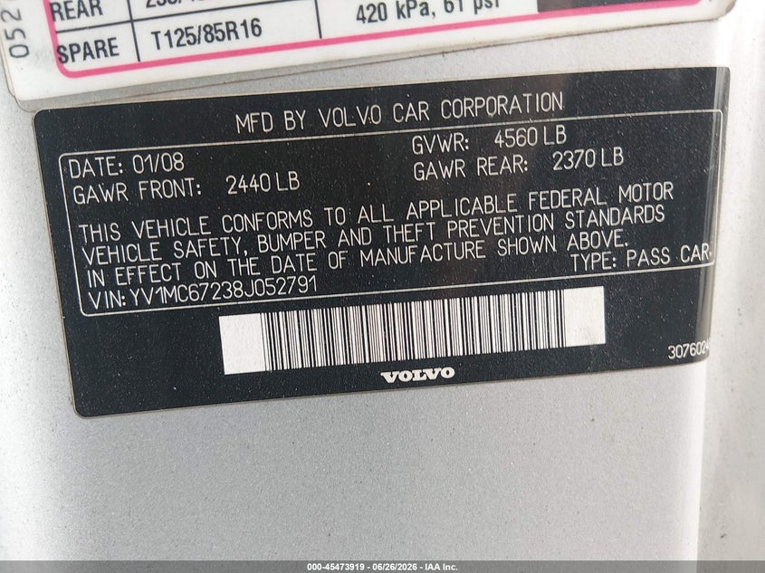 2008 Volvo C70 T5 M VIN: YV1MC67238J052791 Lot: 45473919