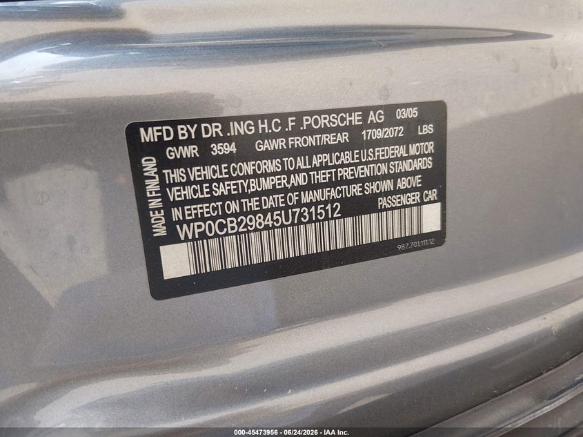 2005 Porsche Boxster S VIN: WP0CB29845U731512 Lot: 45473956