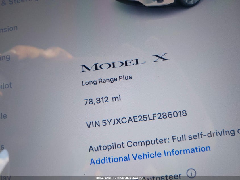 2020 Tesla Model X Long Range Dual Motor All-Wheel Drive/Long Range Plus Dual Motor All-Wheel Drive VIN: 5YJXCAE25LF286018 Lot: 45473976