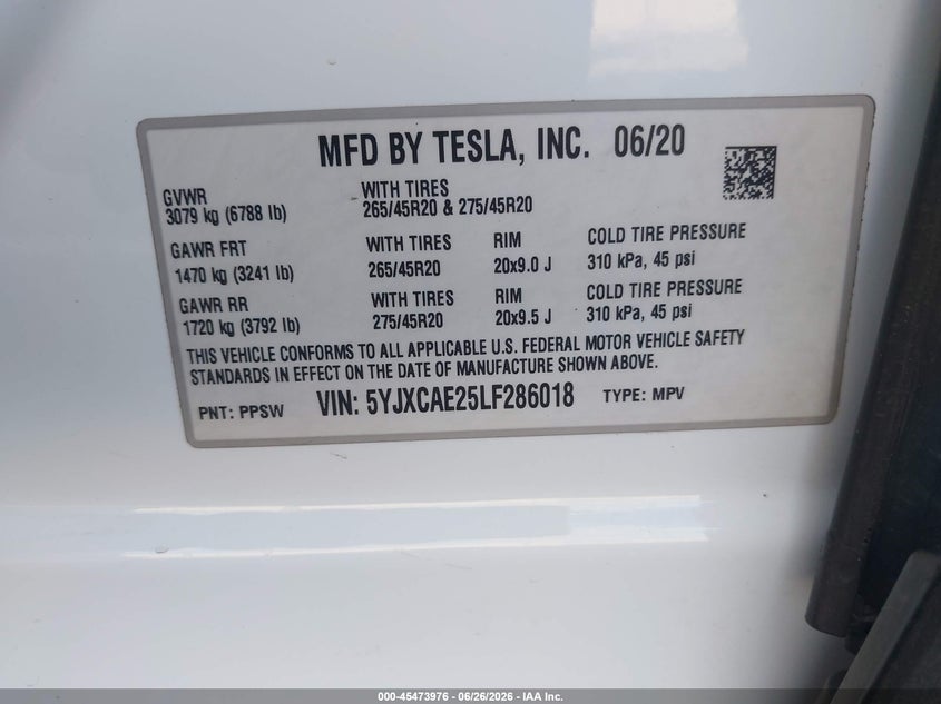 2020 Tesla Model X Long Range Dual Motor All-Wheel Drive/Long Range Plus Dual Motor All-Wheel Drive VIN: 5YJXCAE25LF286018 Lot: 45473976