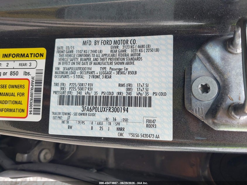 FORD FUSION HYBRID 2015 VIN 3FA6P0LUXFR300194