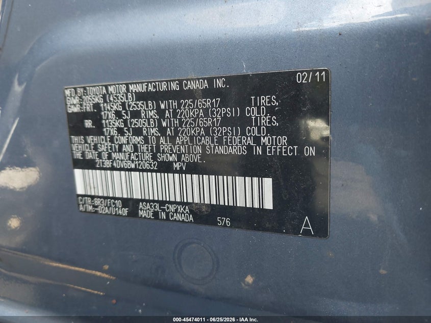 2011 TOYOTA RAV 4 SPORT UTILITY VEHICLE 2.5L I-4 DOHC, VVT, 179HP