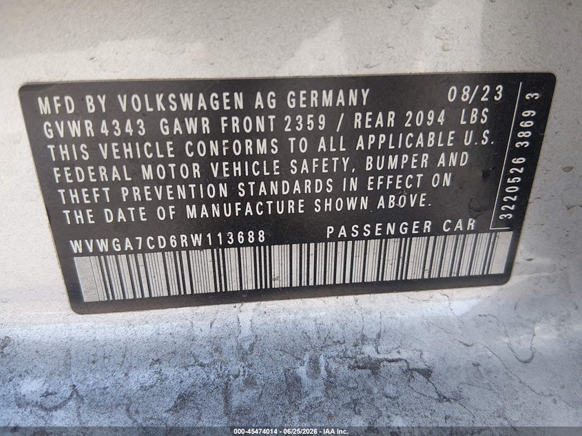 2024 Volkswagen Golf Gti S VIN: WVWGA7CD6RW113688 Lot: 45474014