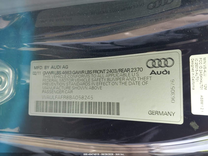 2011 Audi A5 2.0T Premium VIN: WAULFAFR8BA058245 Lot: 45474019