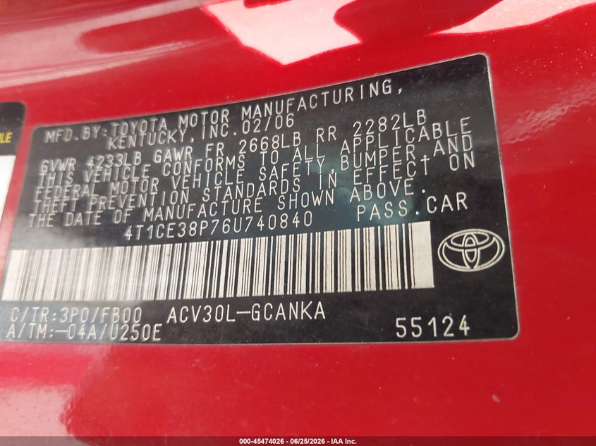 2006 Toyota Camry Solara Se VIN: 4T1CE38P76U740840 Lot: 45474026