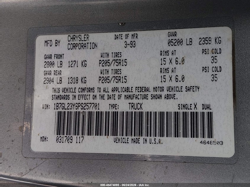 1993 Dodge Dakota VIN: 1B7GL23Y6PS257701 Lot: 45474095