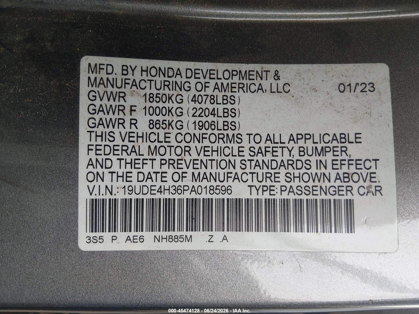 2023 Acura Integra A-Spec VIN: 19UDE4H36PA018596 Lot: 45474128