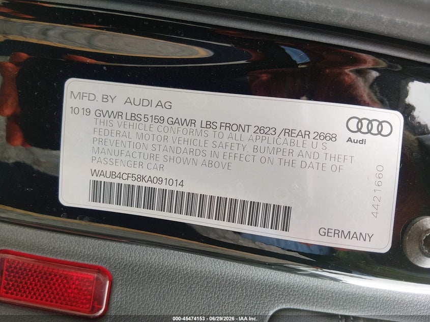 2019 Audi S5 3.0T Premium VIN: WAUB4CF58KA091014 Lot: 45474153