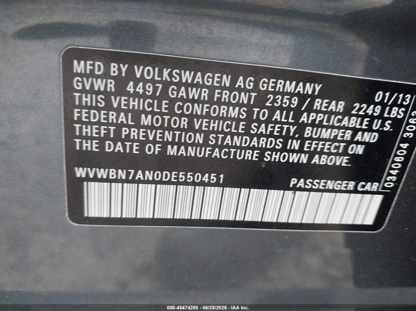 2013 Volkswagen Cc 2.0T Sport VIN: WVWBN7AN0DE550451 Lot: 45474200