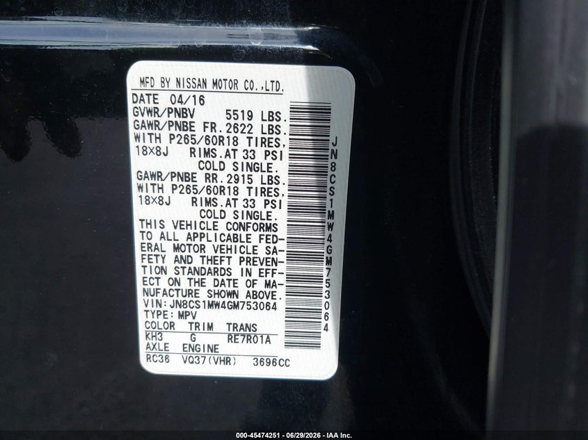 INFINITI QX70 2016 VIN JN8CS1MW4GM753064