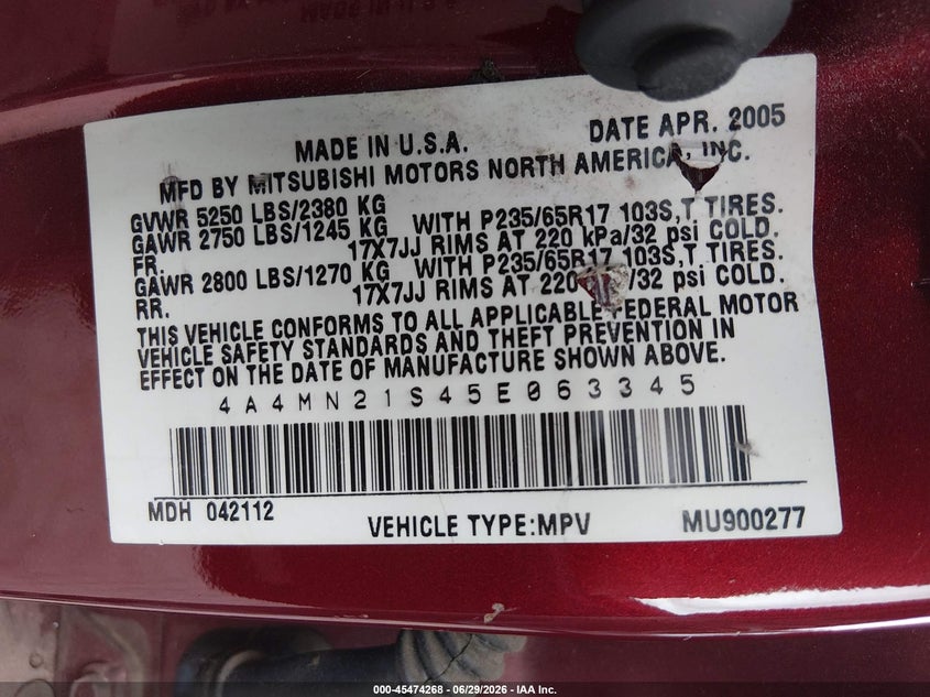 2005 Mitsubishi Endeavor Ls VIN: 4A4MN21S45E063345 Lot: 45474268