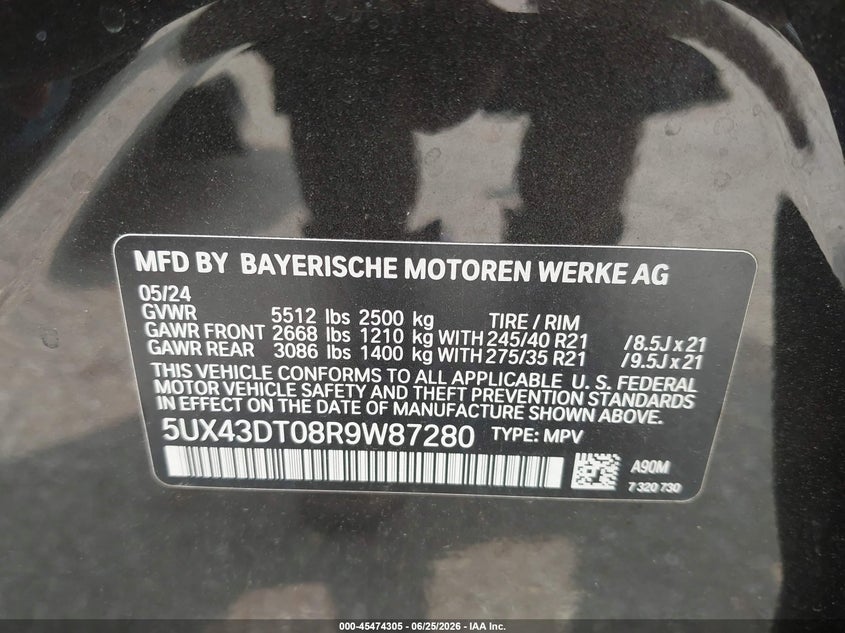 2024 BMW X4 M40I VIN: 5UX43DT08R9W87280 Lot: 45474305