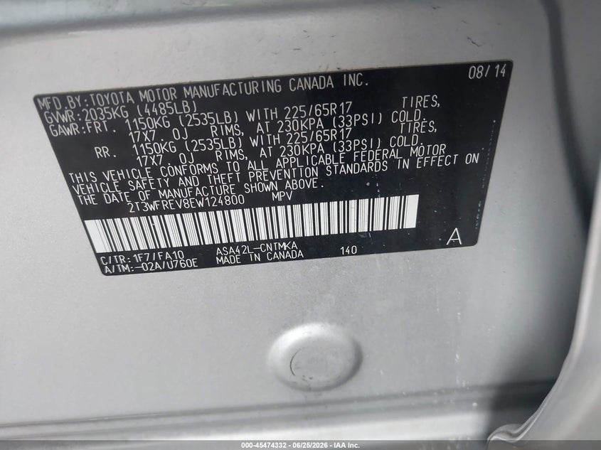 2014 TOYOTA RAV 4 SPORT UTILITY VEHICLE 2.5L I-4 DOHC, VVT, 176HP