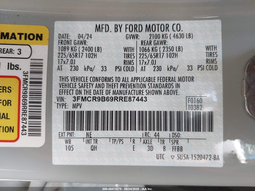 2024 Ford Bronco Sport Big Bend VIN: 3FMCR9B69RRE87443 Lot: 45474379