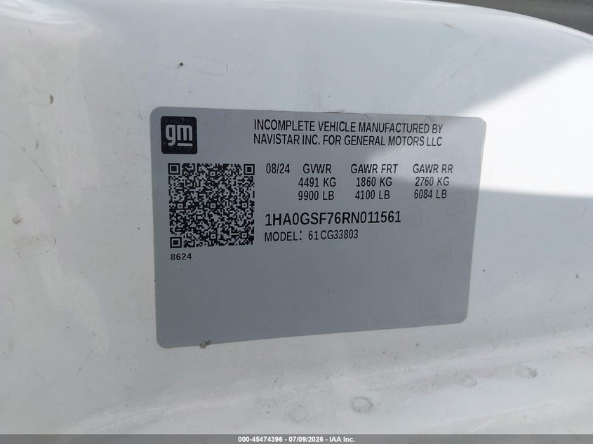2024 Chevrolet Express Cutaway Work Van VIN: 1HA0GSF76RN011561 Lot: 45474396