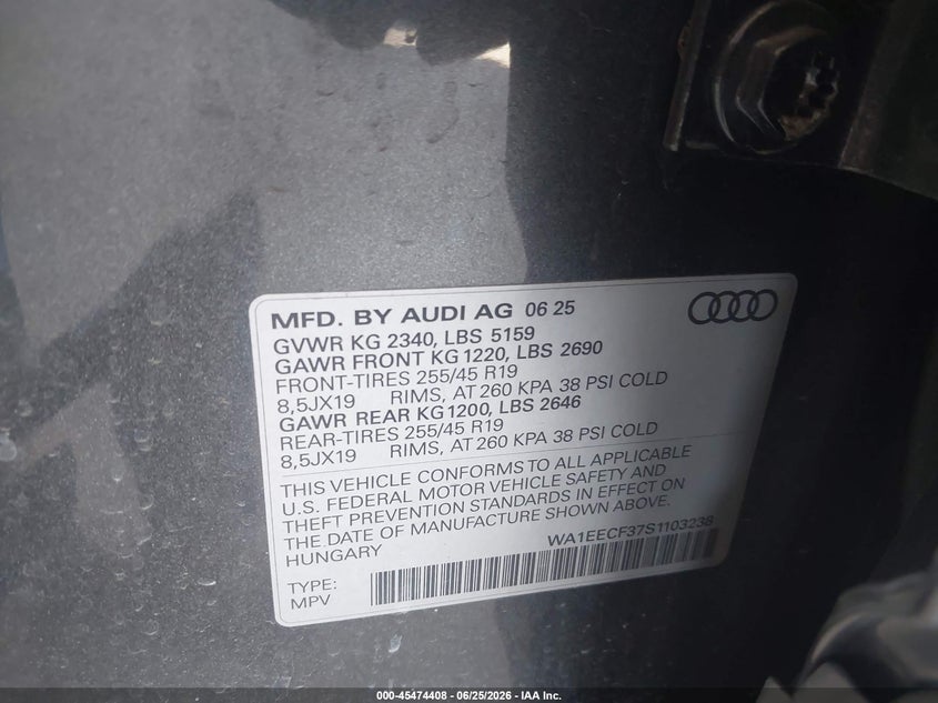 2025 Audi Q3 Premium 45 Tfsi S Line Quattro Tiptronic VIN: WA1EECF37S1103238 Lot: 45474408