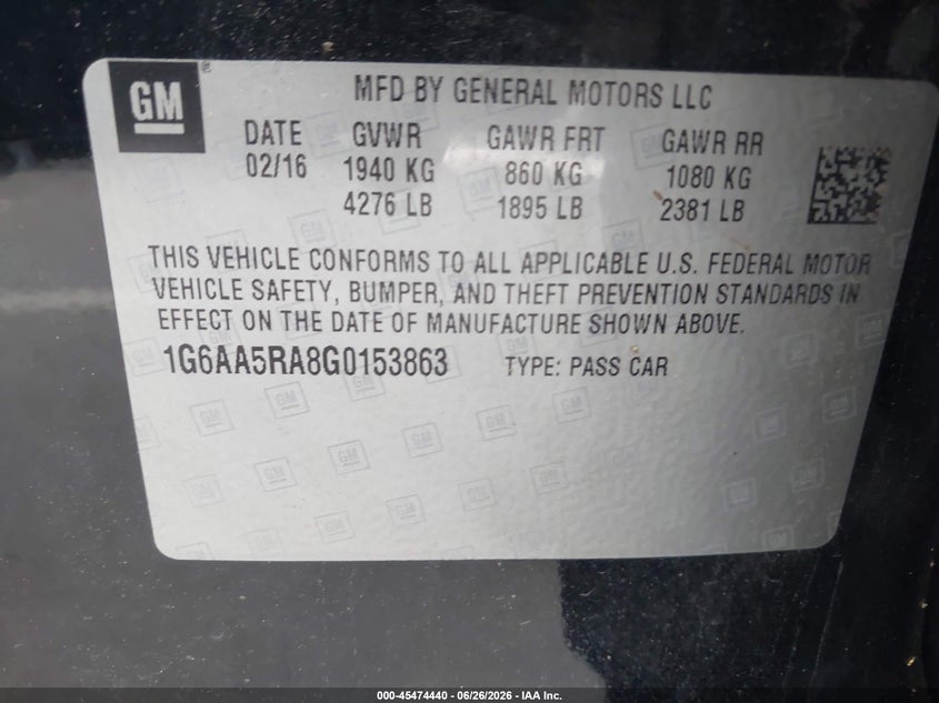 2016 Cadillac Ats Standard VIN: 1G6AA5RA8G0153863 Lot: 45474440