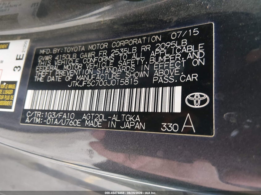 2016 Scion Tc VIN: JTKJF5C70GJ015815 Lot: 45474458